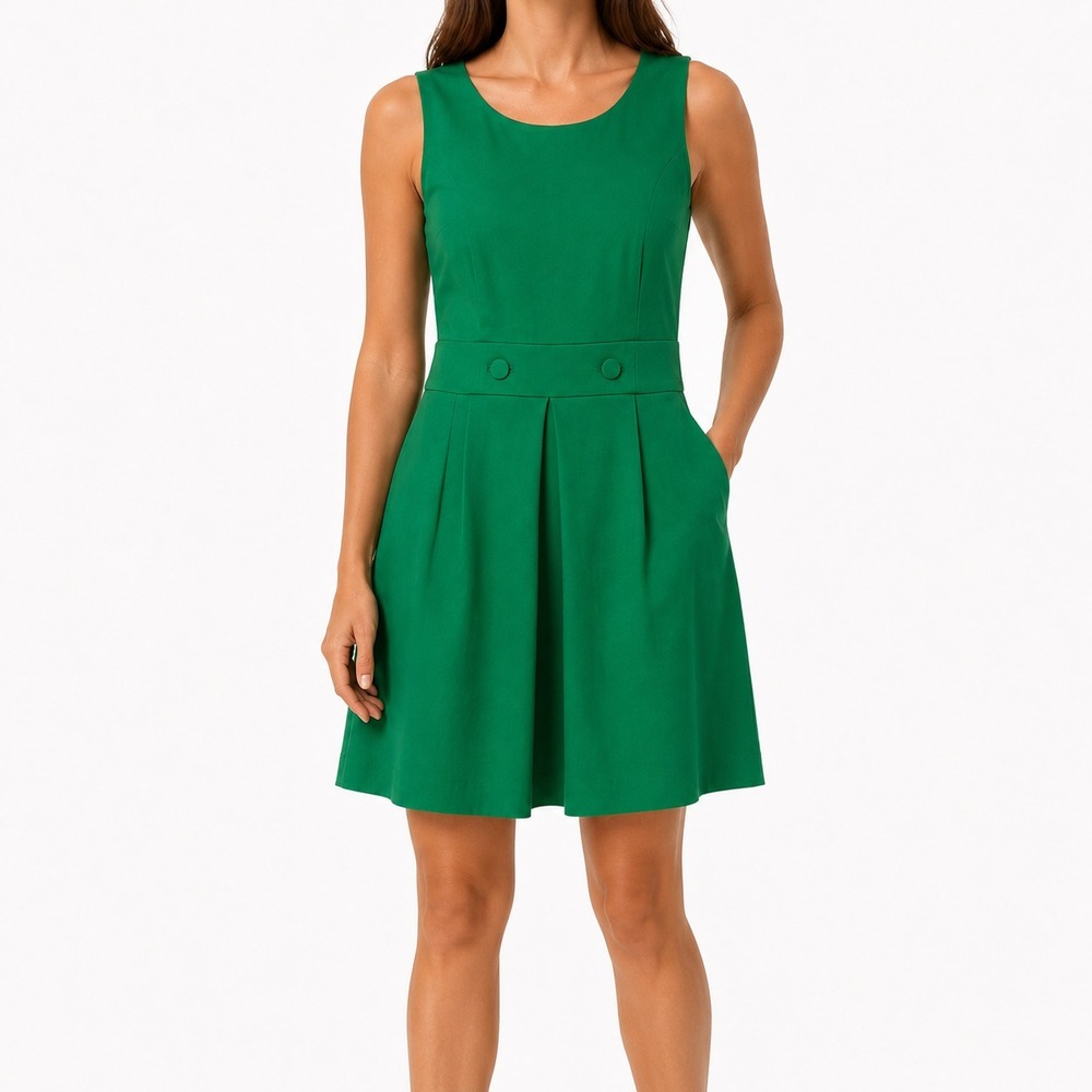 Boden Fit and Flare Dress Womens‎ 8R Green Pleated Sleeveless Minimalist Office